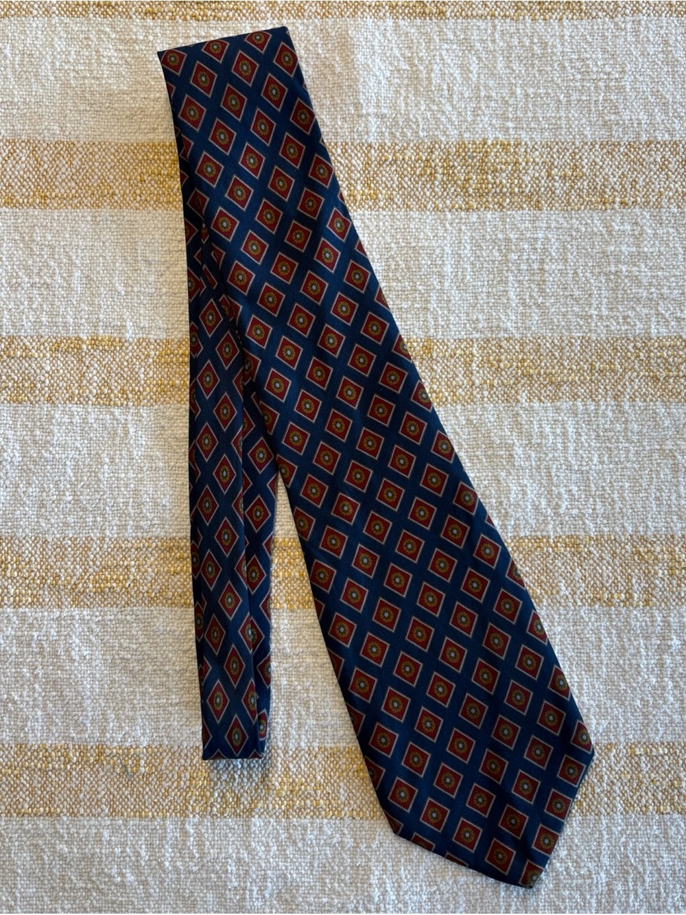 ATKINSONS Navy Geometric Silk Tie with Red Accents - made in Ireland 62"Lx4"W